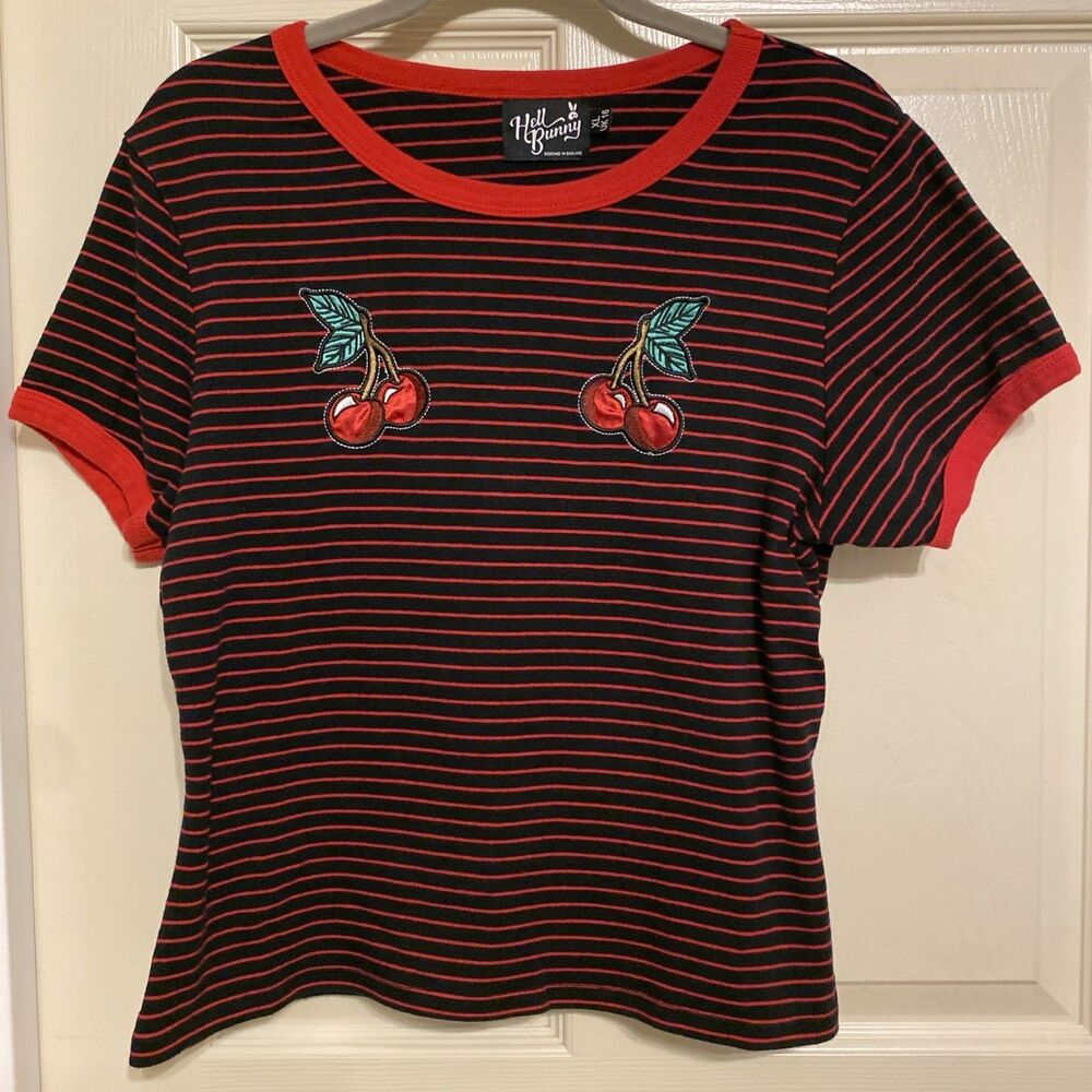 Hell Bunny Red Black Stripe Ringer Top Shirt Embroider Cherries XL Rockabilly UK